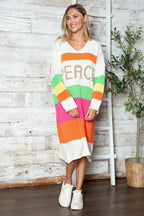 Color Block V-Neck Long Sleeve Sweater Dress - Delanoir