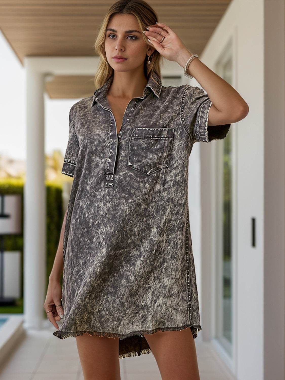Pocketed Collared Neck Short Sleeve Denim Dress - Delanoir