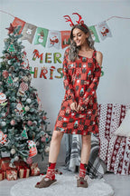 Christmas Asymmetrical Neck Long Sleeve Dress - Delanoir