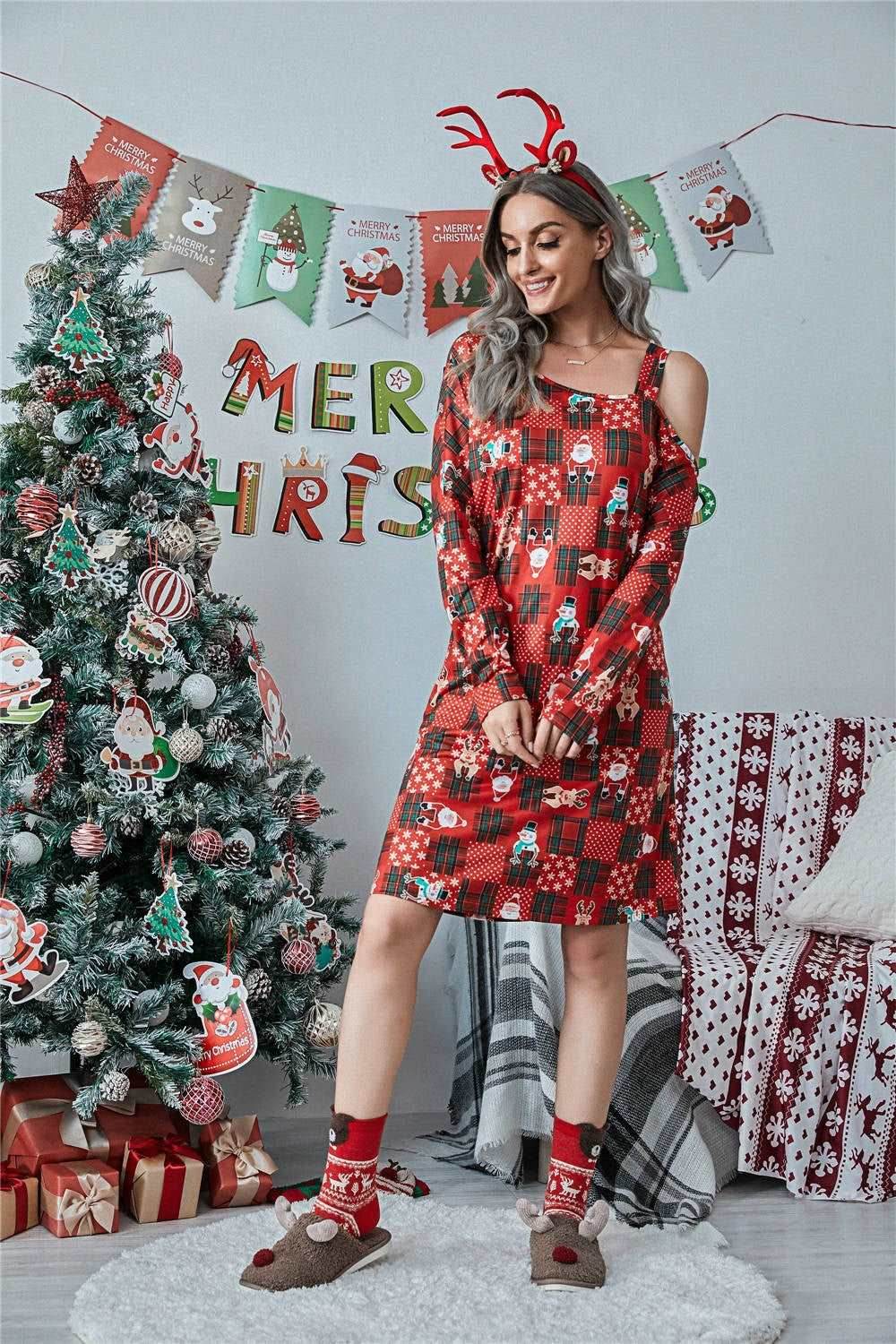 Christmas Asymmetrical Neck Long Sleeve Dress - Delanoir