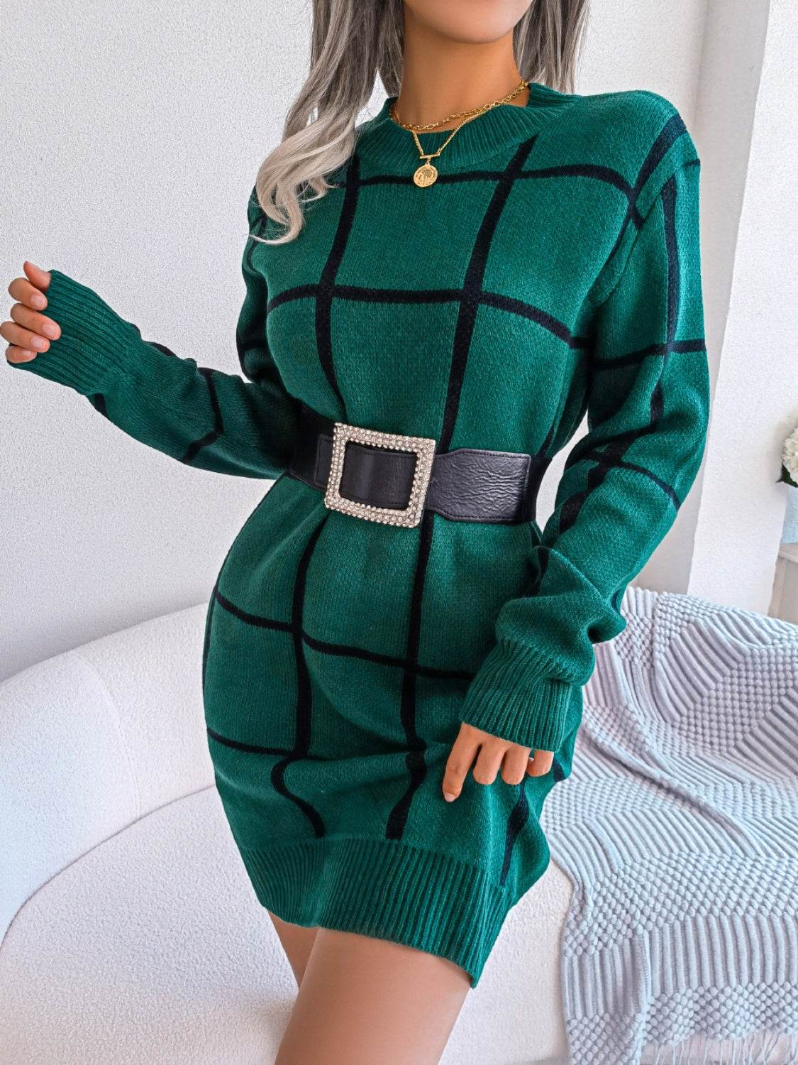 Plaid Round Neck Dropped Shoulder Sweater Dress - Delanoir