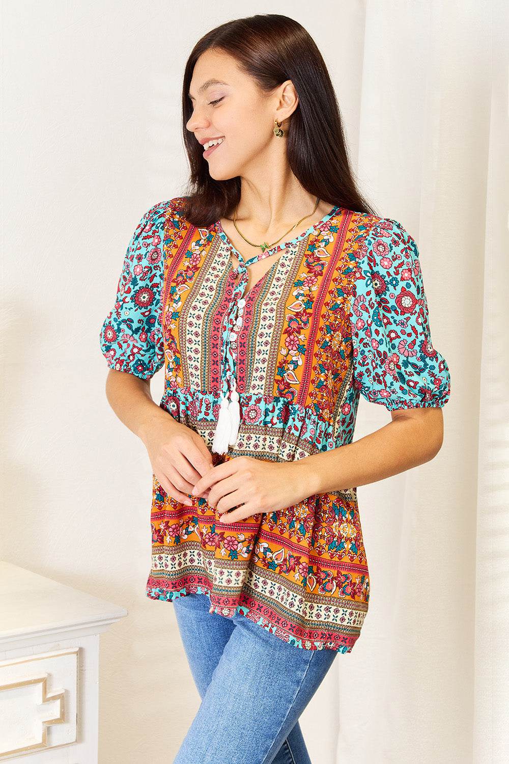 Devine Bohemian Tassel Tie Puff Sleeve Babydoll Blouse - Delanoir