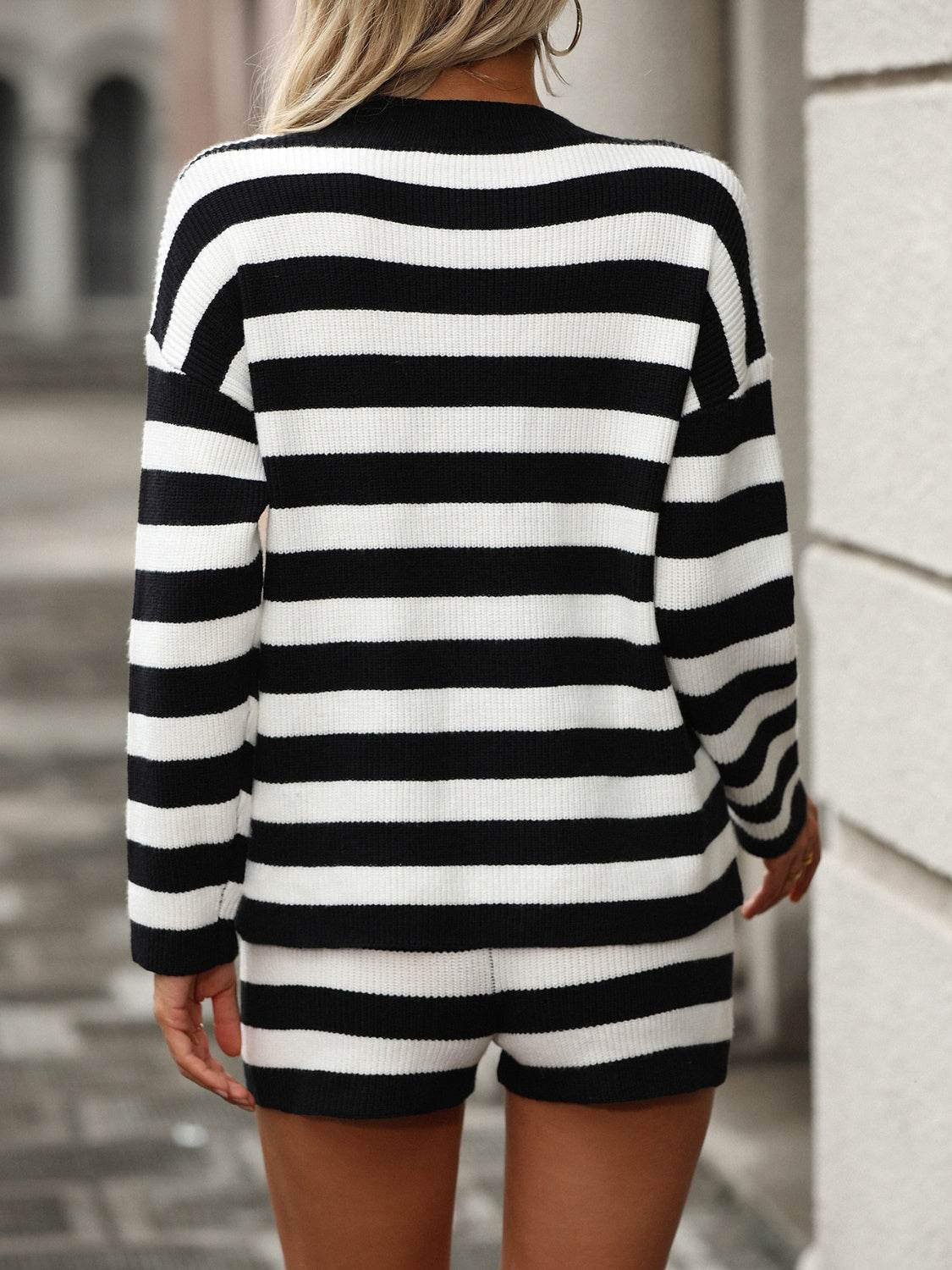 Striped Round Neck Top and Shorts Sweater Set - Delanoir