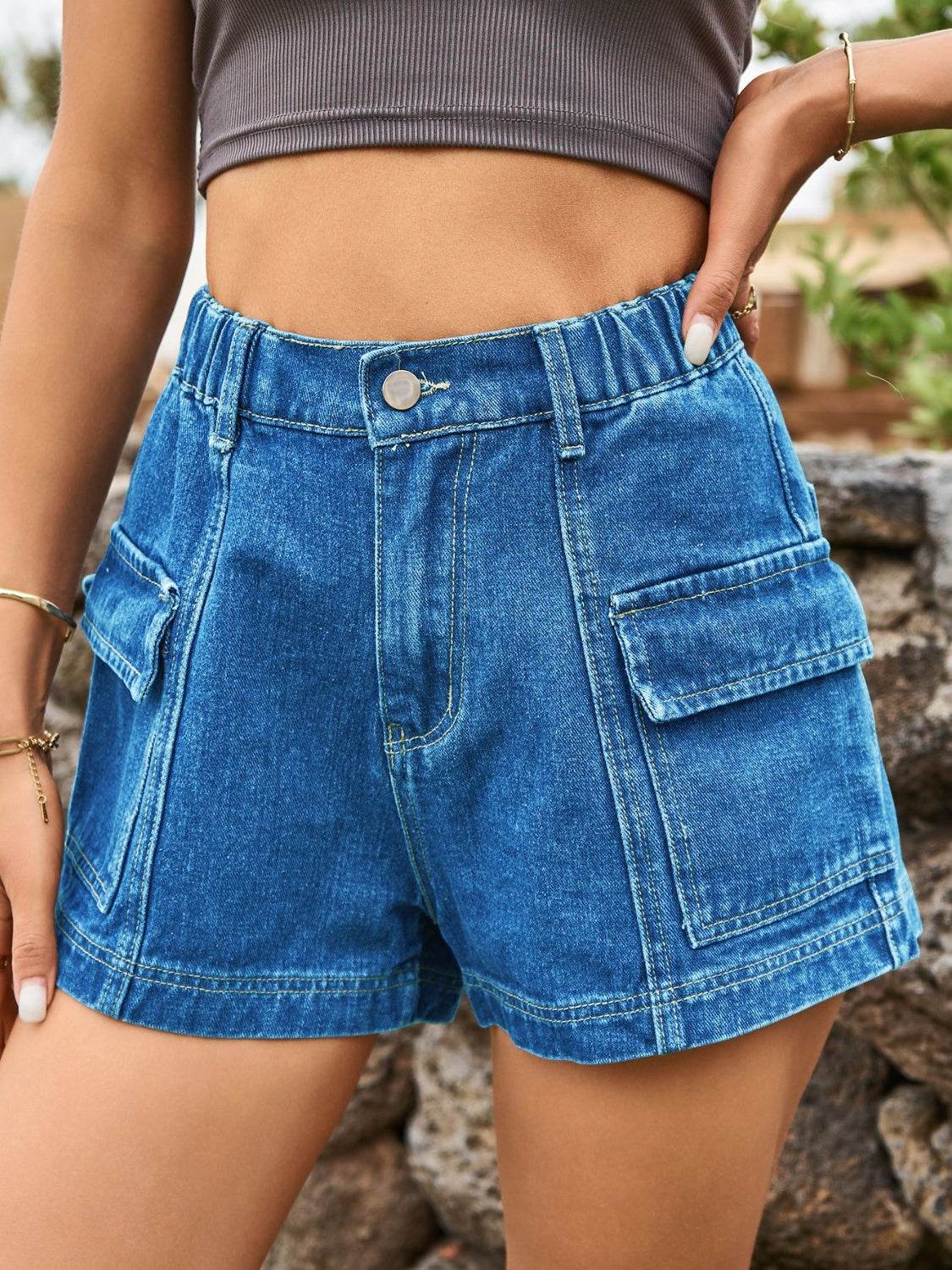High Waist Denim Shorts with Pockets - Delanoir