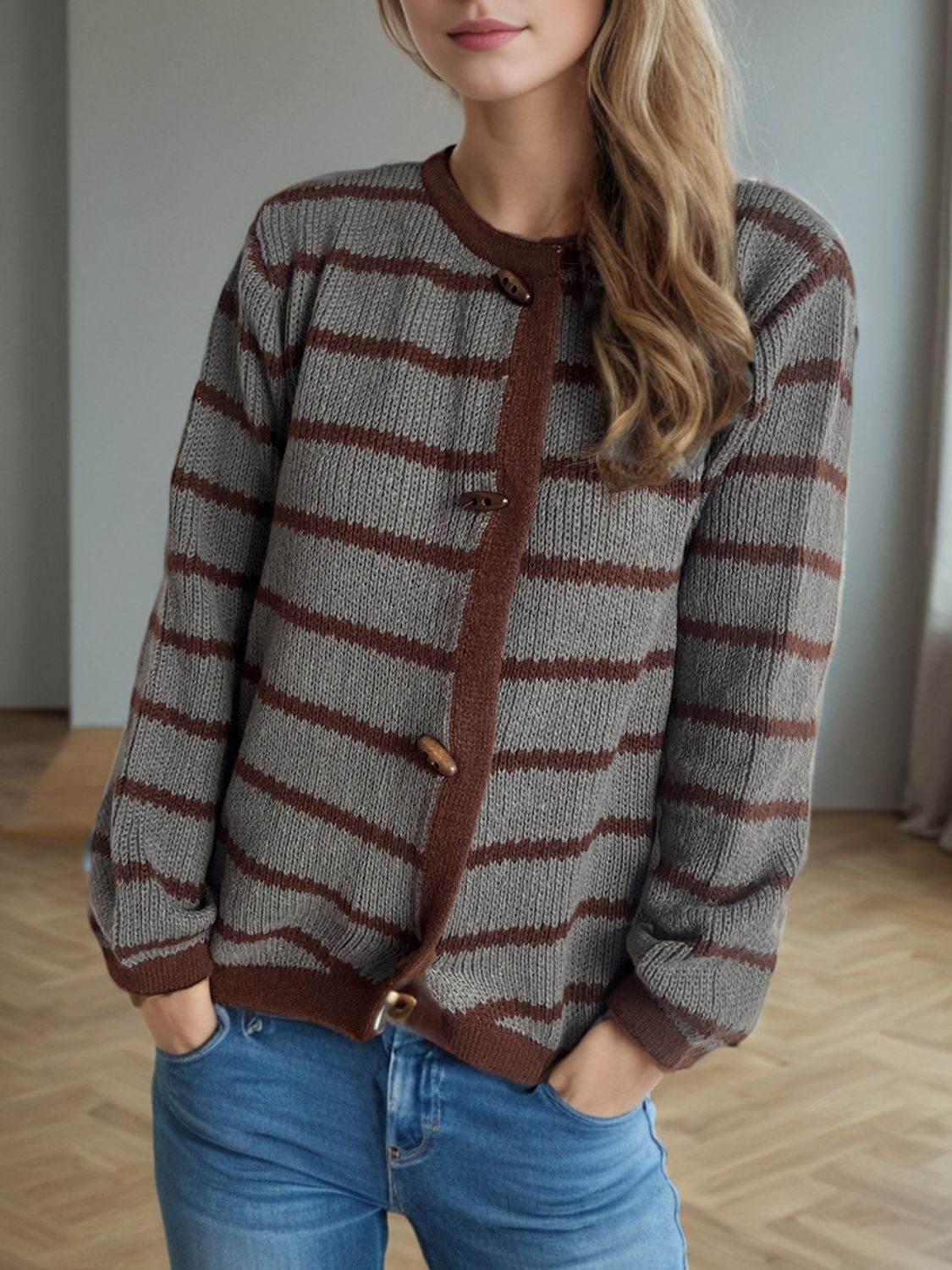 Striped Round Neck Long Sleeve Cardigan - Delanoir