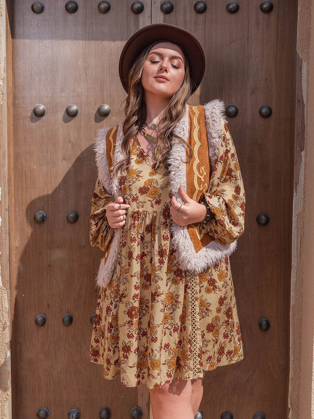 Plus Size Printed V-Neck Balloon Sleeve Mini Dress - Delanoir
