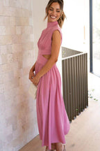 Cutout Mock Neck Sleeveless Ruched Dress - Delanoir
