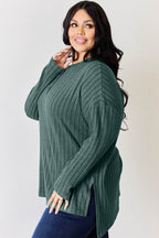Basic Bae Full Size Ribbed Half Button Long Sleeve High-Low T-Shirt - Delanoir