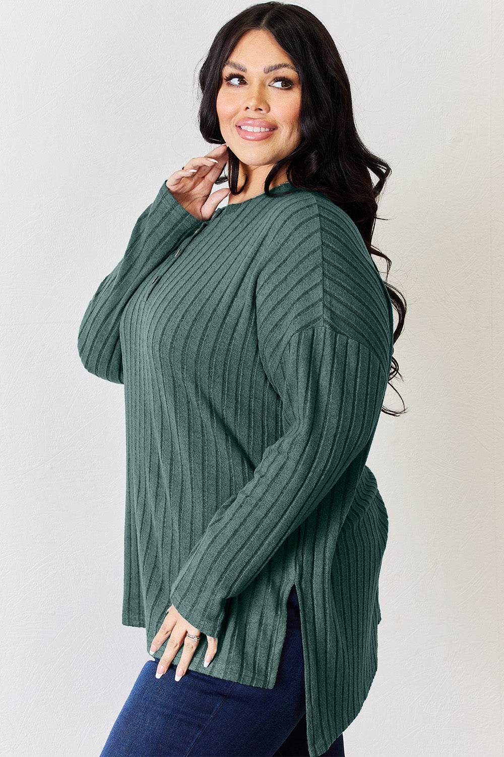 Basic Bae Full Size Ribbed Half Button Long Sleeve High-Low T-Shirt - Delanoir
