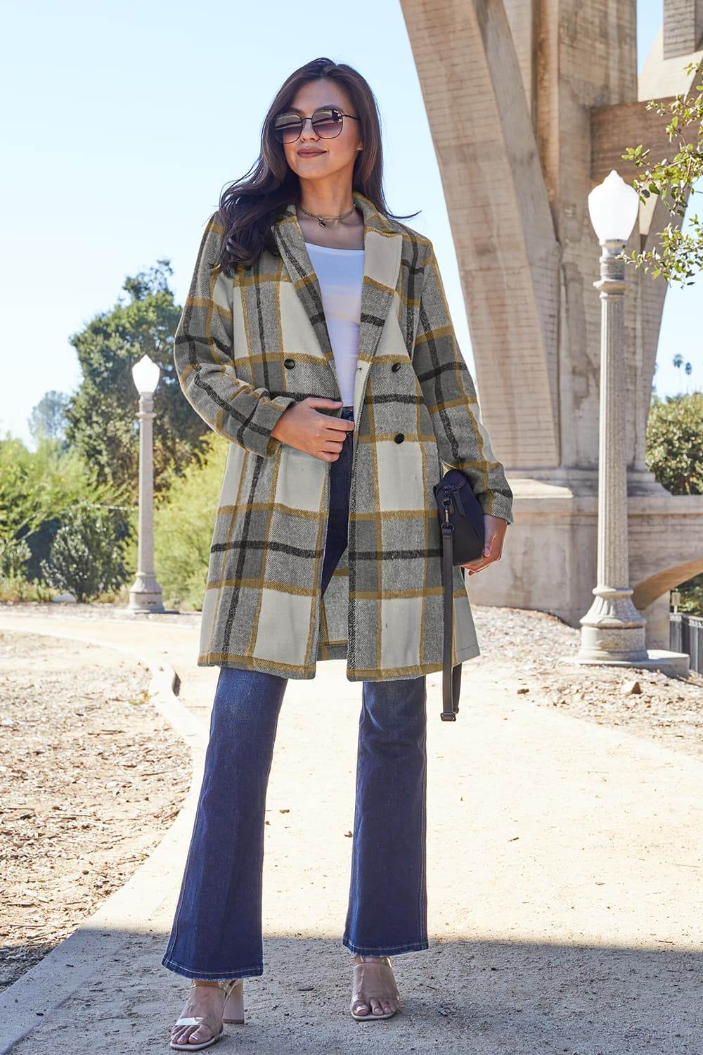 Double Take Full Size Plaid Button Up Lapel Collar Coat - Delanoir