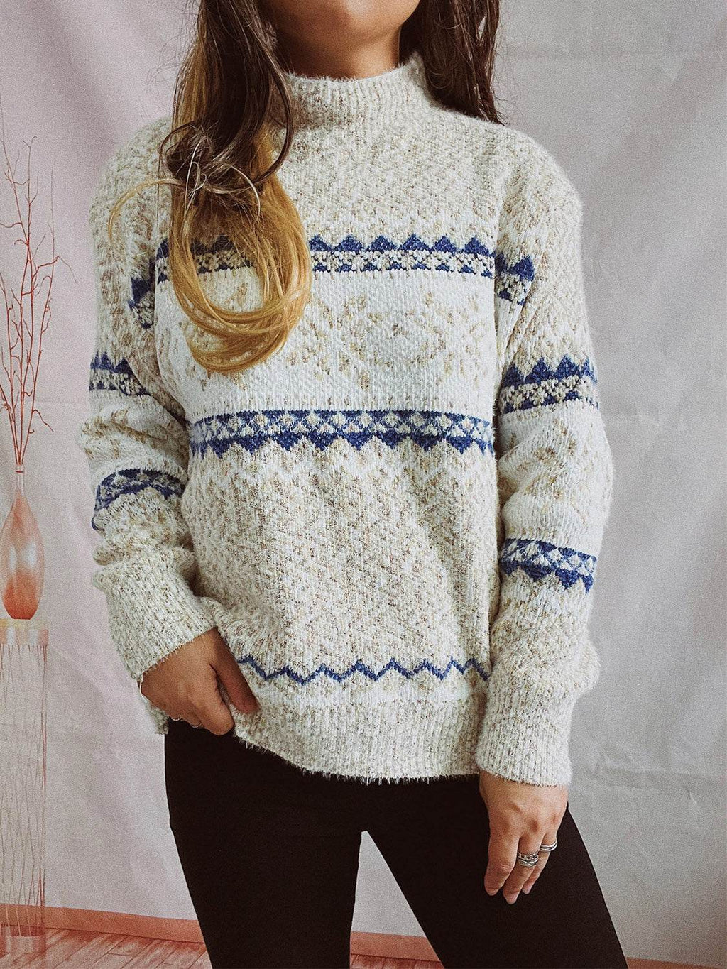 Geometric Mock Neck Dropped Shoulder Sweater - Delanoir