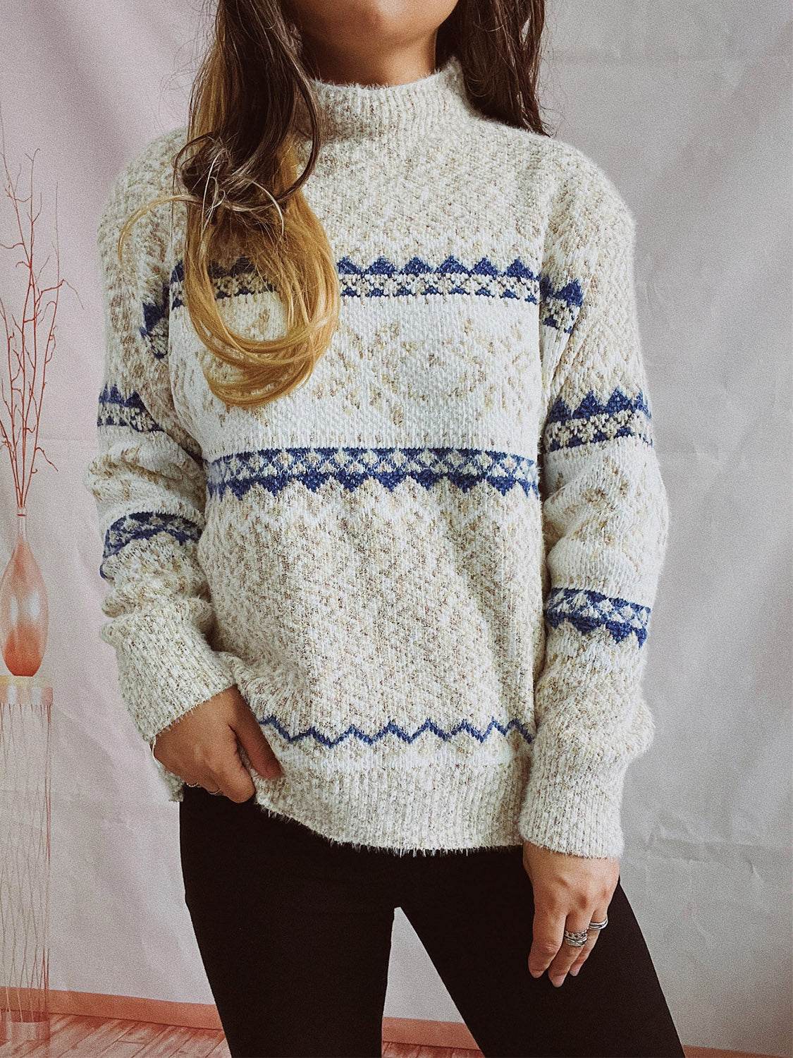 Geometric Mock Neck Dropped Shoulder Sweater - Delanoir