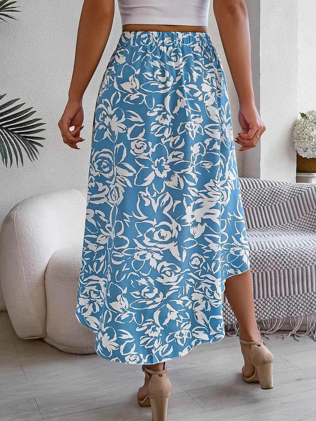 High-Low Printed High Waist Skirt - Delanoir