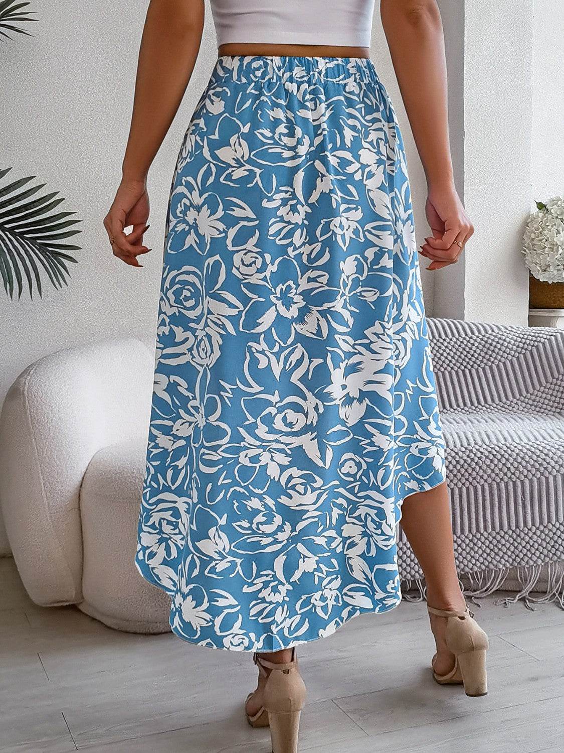 High-Low Printed High Waist Skirt - Delanoir