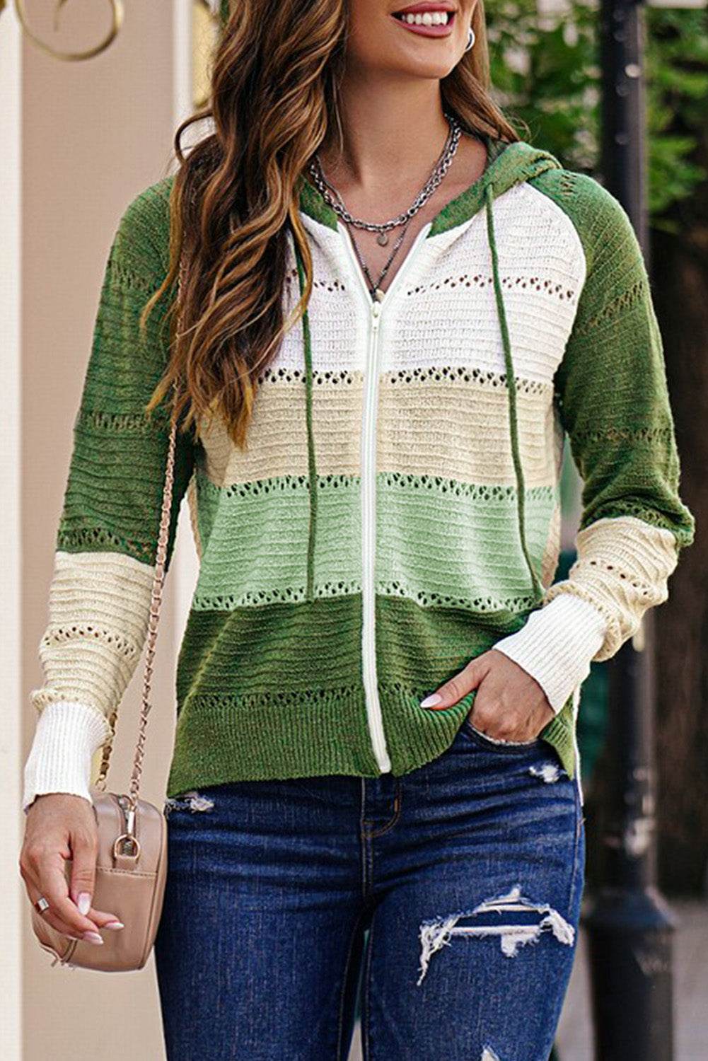 Zip-Up Raglan Sleeve Openwork Hooded Cardigan - Delanoir