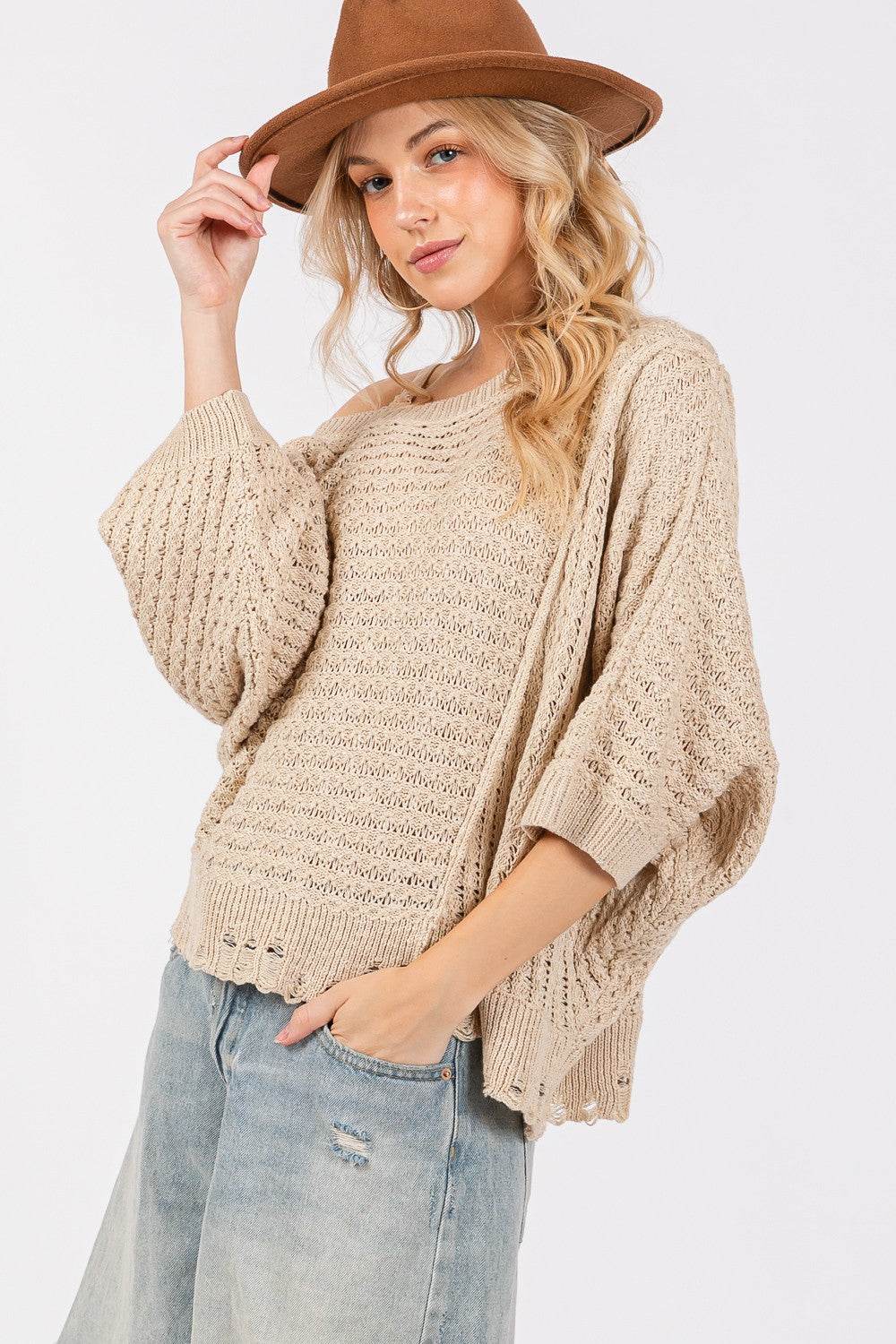 SAGE + FIG Distressed Asymmetrical Open Stitch Sweater - Delanoir