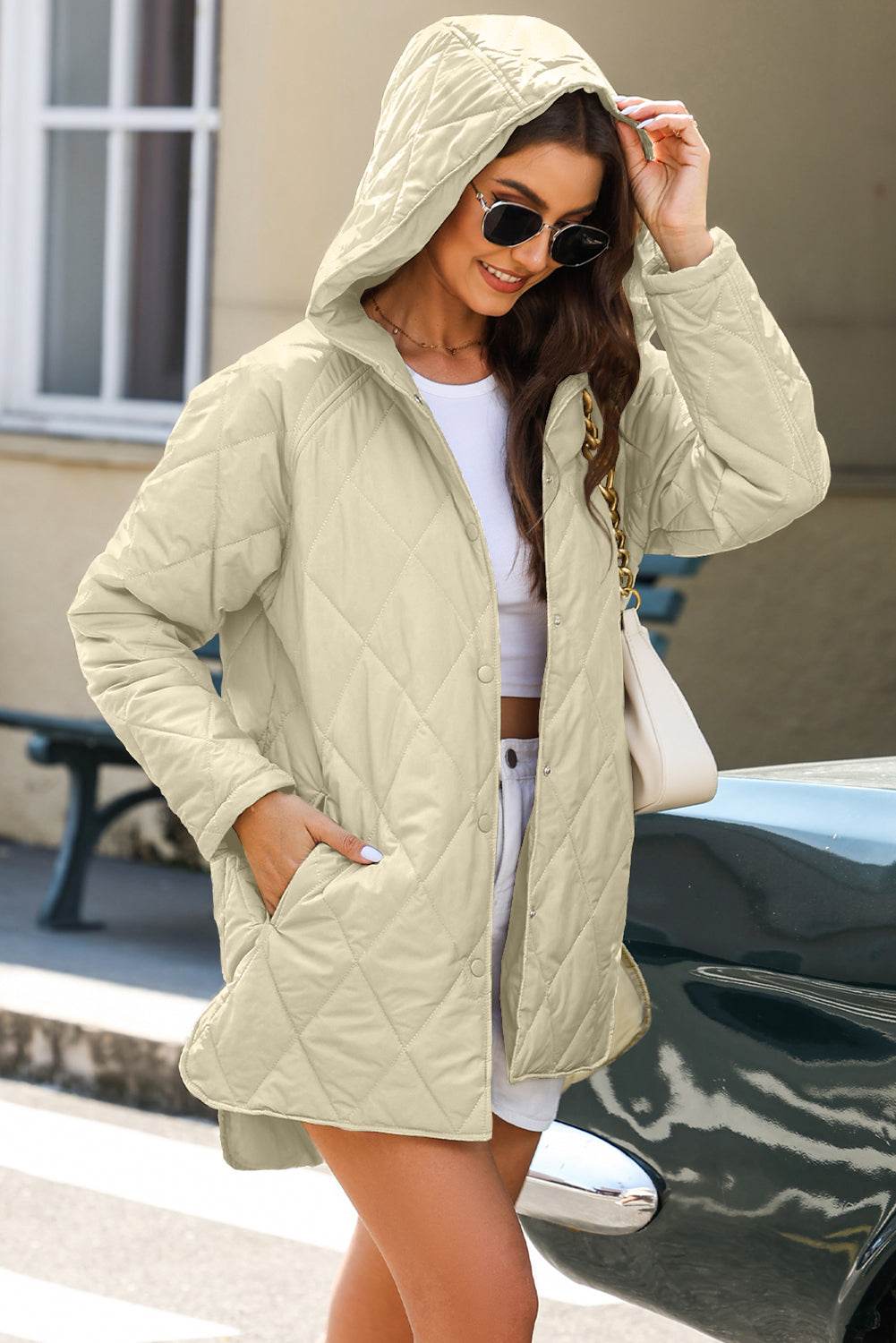 Snap Down Long Sleeve Quilted Winter Coat - Delanoir