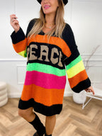 Color Block V-Neck Long Sleeve Sweater Dress - Delanoir