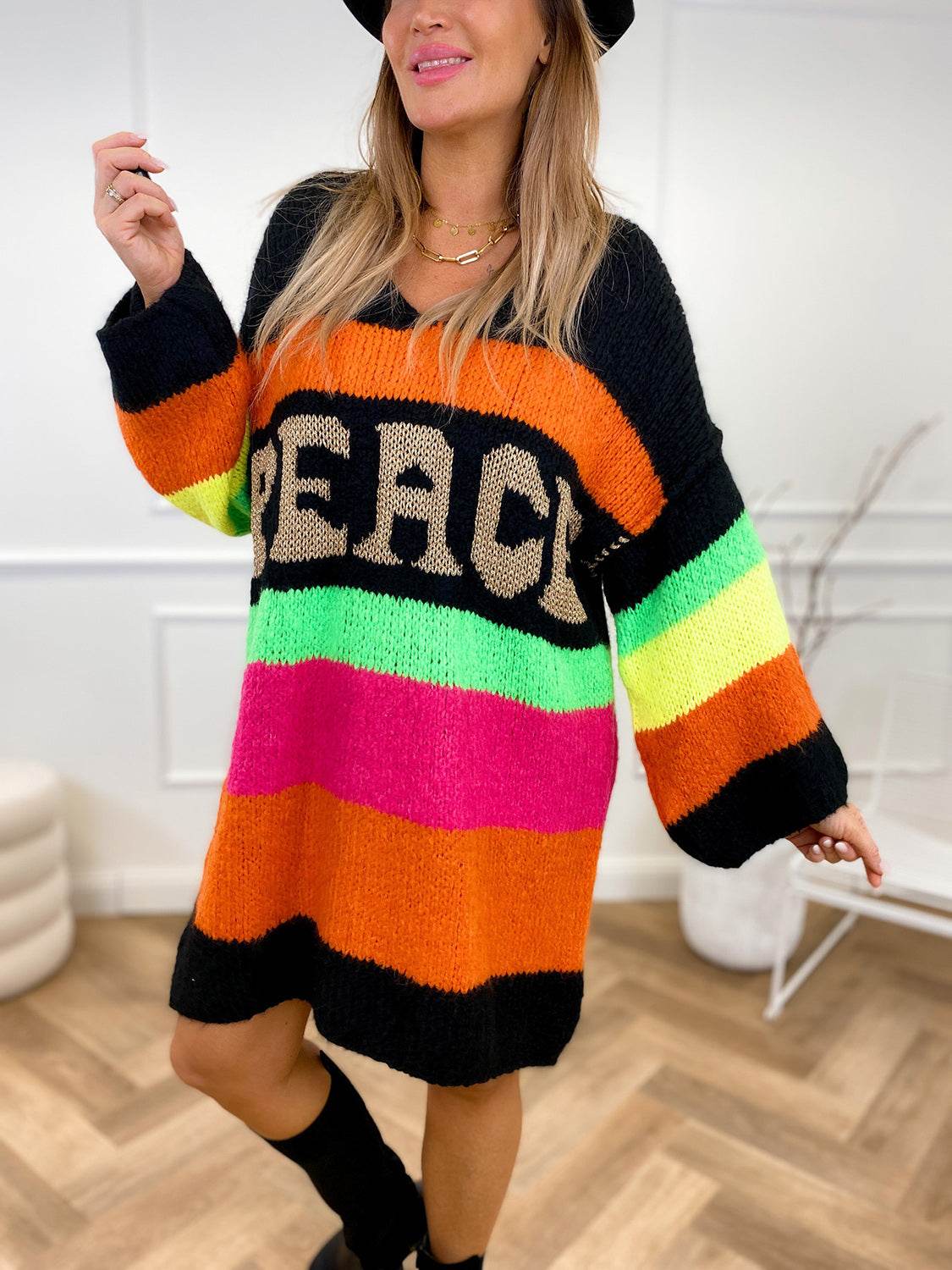 Color Block V-Neck Long Sleeve Sweater Dress - Delanoir