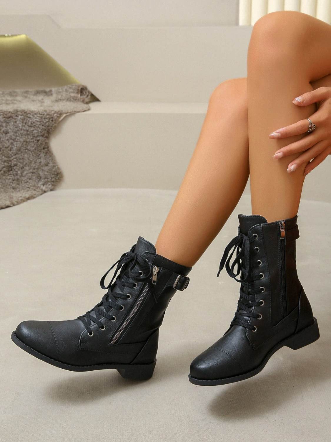 PU Leather Lace-Up Boots - Delanoir