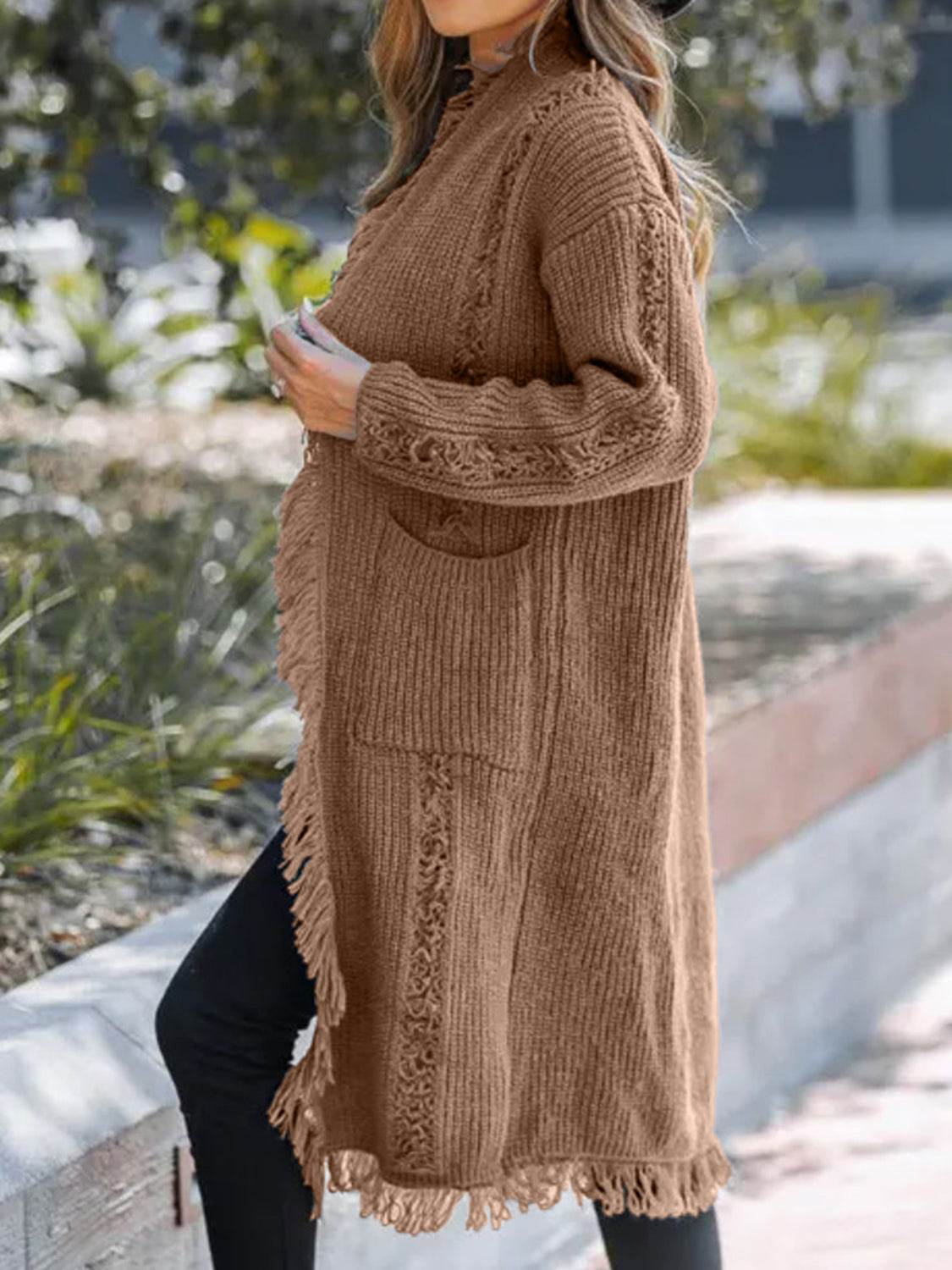 Fringe Open Front Long Sleeve Cardigan - Delanoir