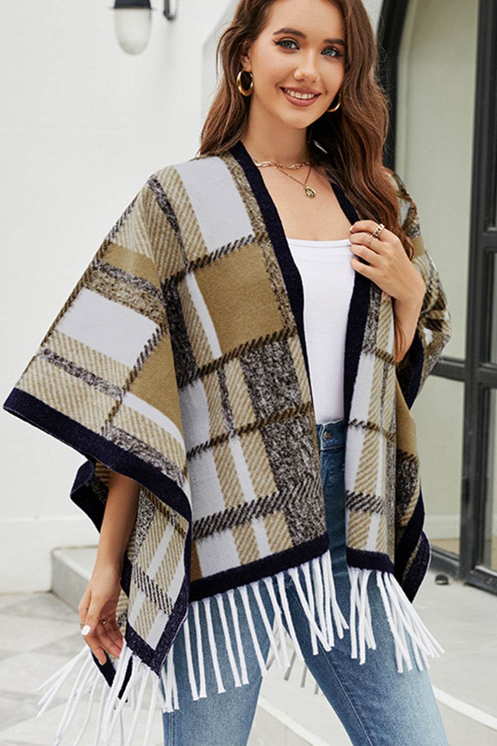 Cloak Sleeve Fringe Detail Poncho - Delanoir