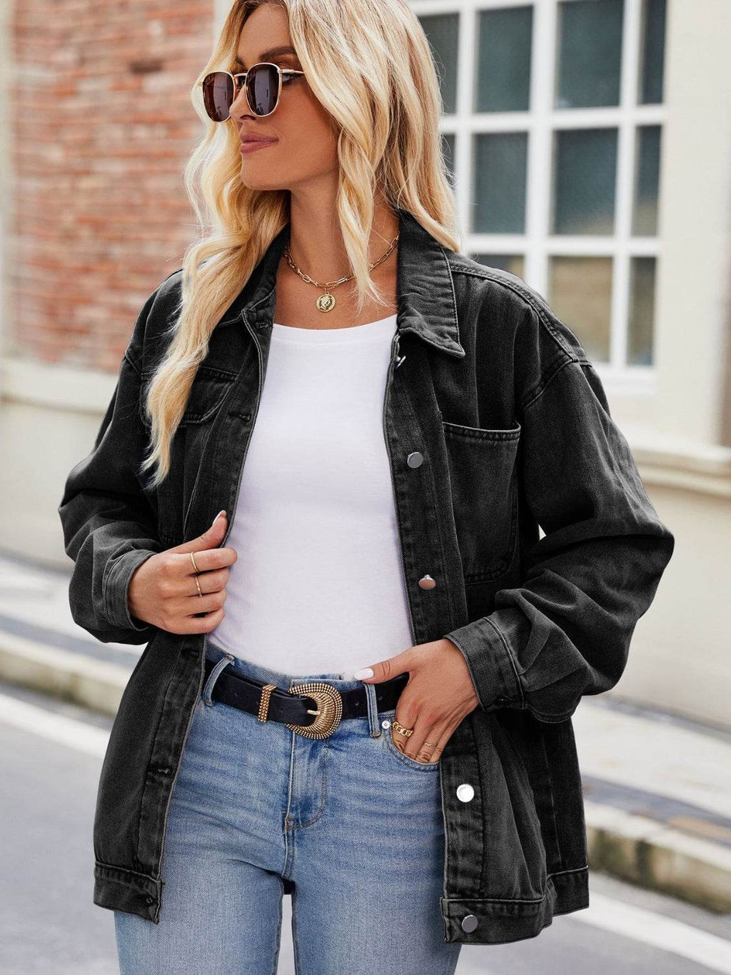 Button Up Denim Jacket with Pockets - Delanoir
