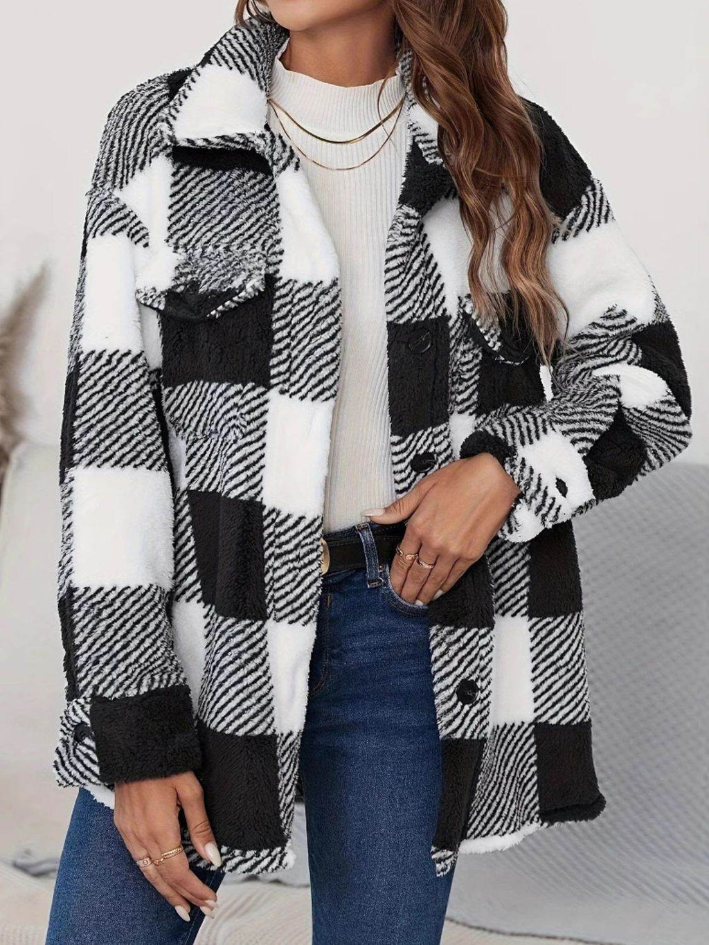 Plaid Button Up Long Sleeve Fuzzy Outerwear - Delanoir