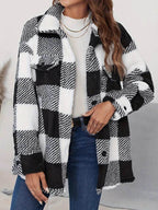 Plaid Button Up Long Sleeve Fuzzy Outerwear - Delanoir