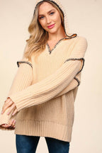 Haptics Contrast Stitching Long Sleeve Hooded Sweater - Delanoir