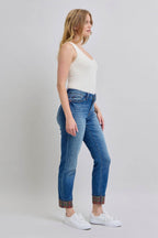 Judy Blue Full Size Plaid Print Cuff Straight Leg Jeans with Pockets - Delanoir