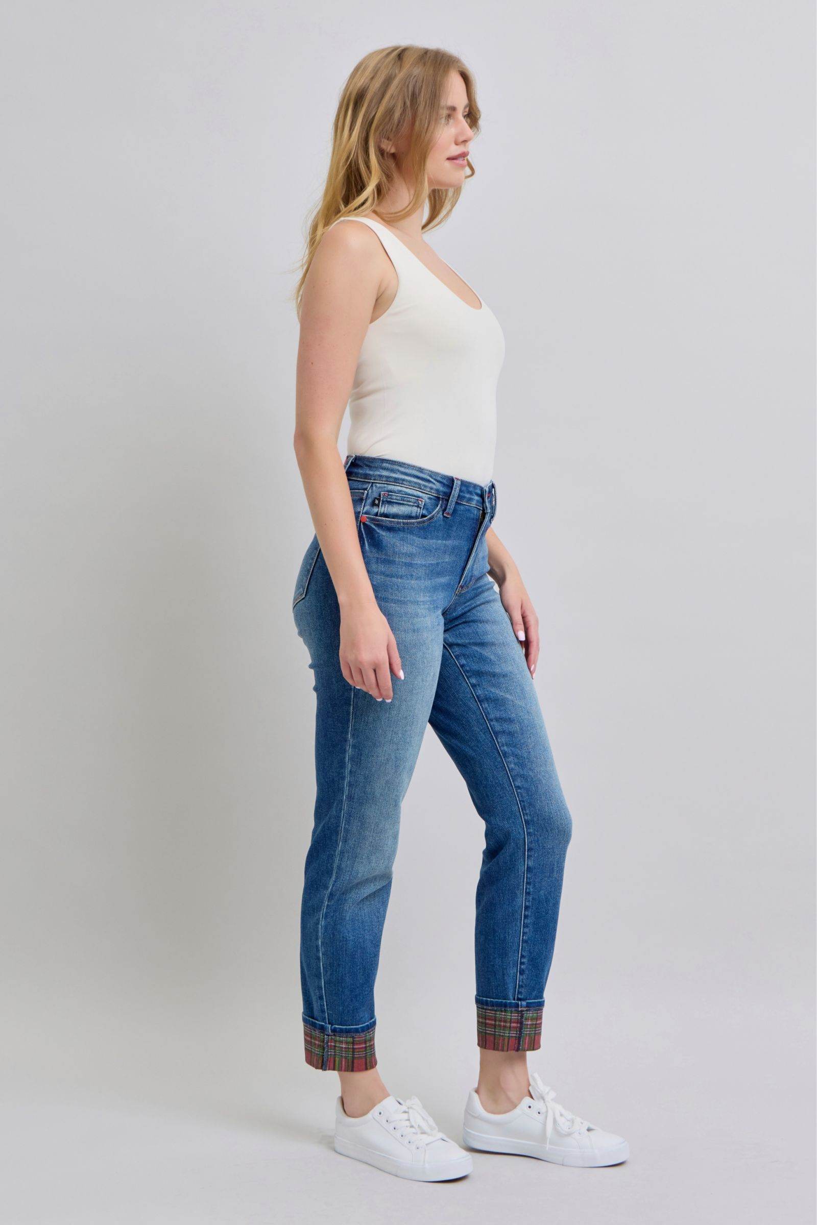 Judy Blue Full Size Plaid Print Cuff Straight Leg Jeans with Pockets - Delanoir