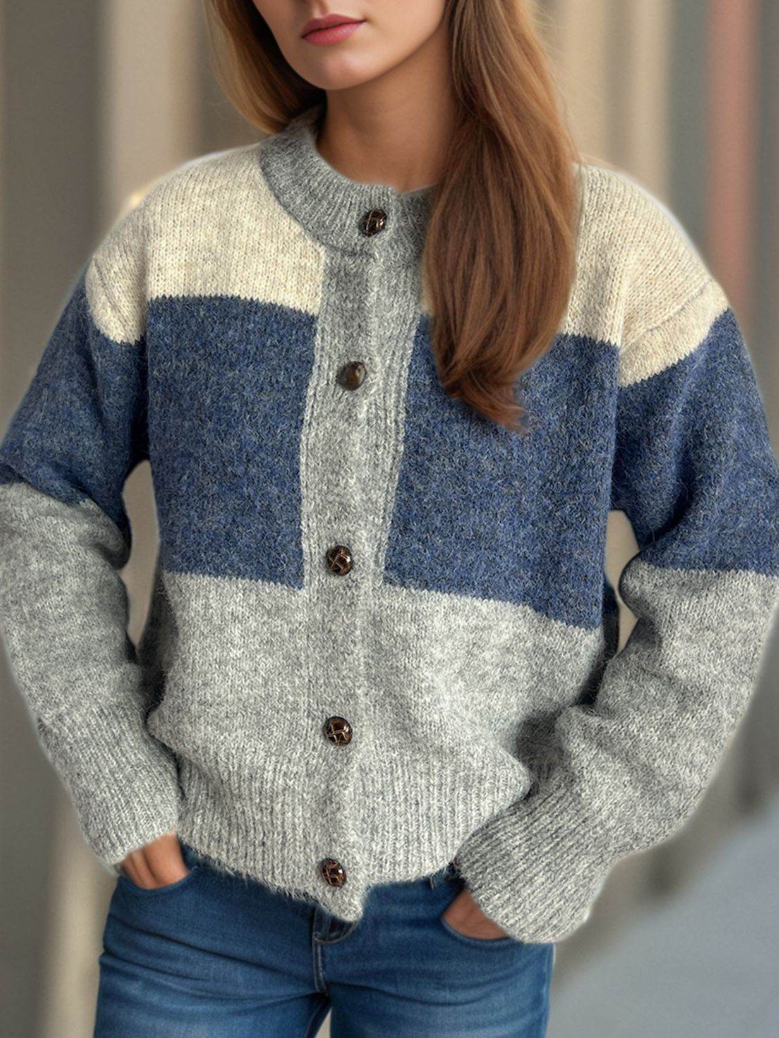 Color Block Round Neck Button Up Cardigan - Delanoir