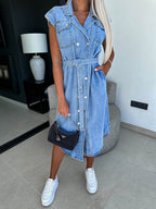 Collared Neck Cap Sleeve Denim Dress - Delanoir
