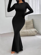 Devine Backless Round Neck Long Sleeve Maxi Dress - Delanoir