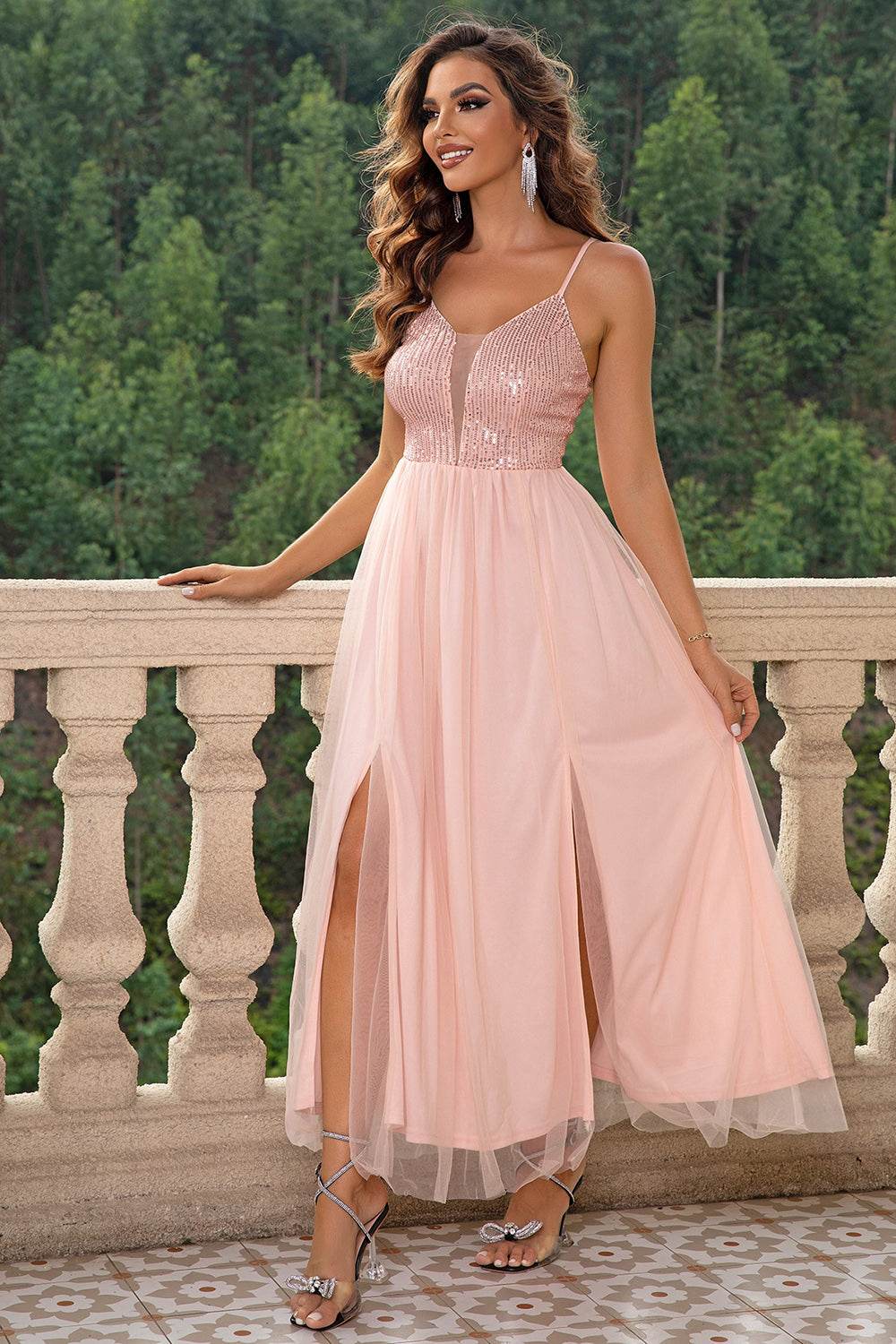 Spaghetti Strap Slit Mesh Dress - Delanoir