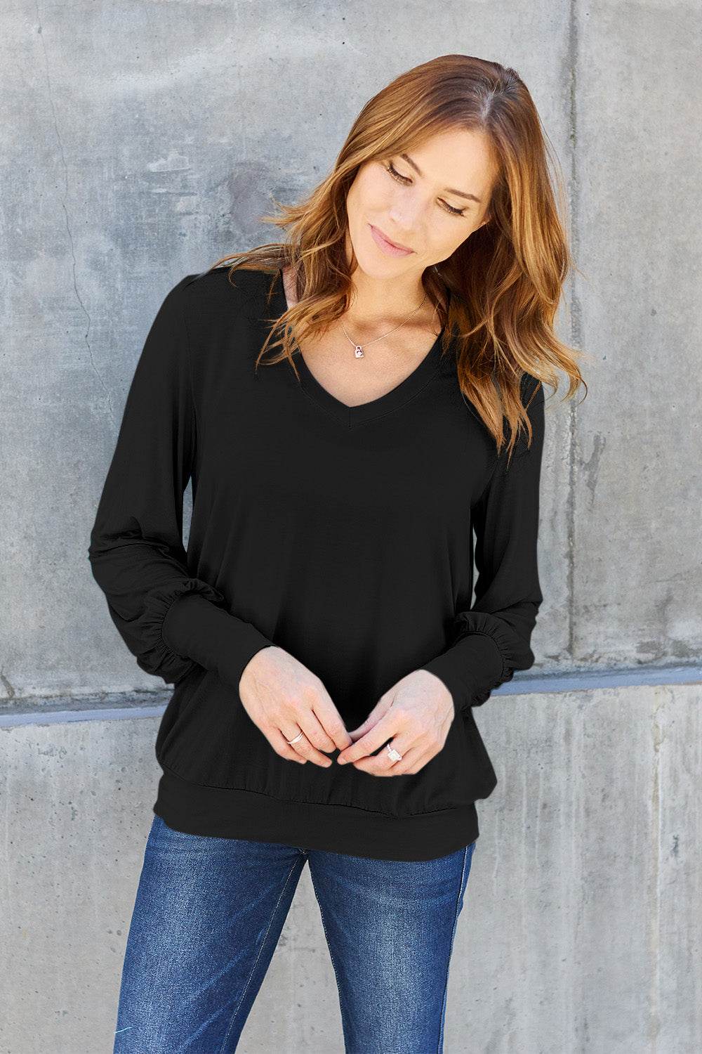 Basic Bae Full Size V-Neck Lantern Sleeve Top - Delanoir
