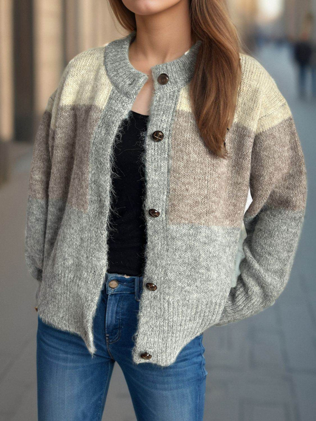 Color Block Round Neck Button Up Cardigan - Delanoir