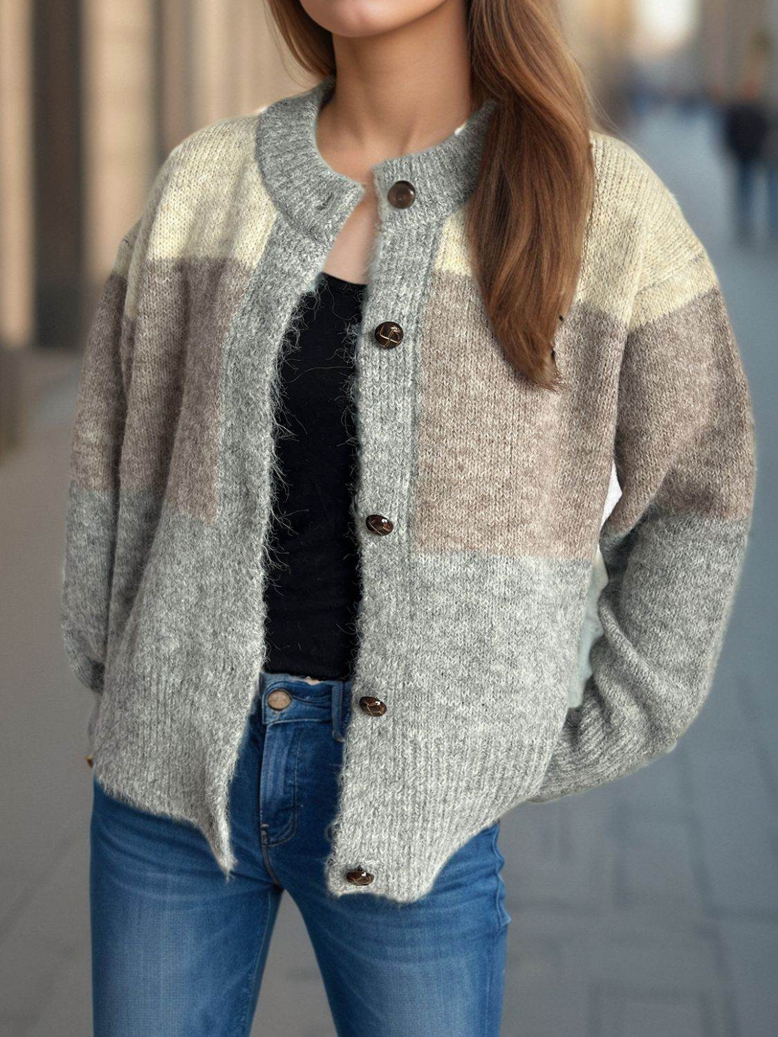 Color Block Round Neck Button Up Cardigan - Delanoir