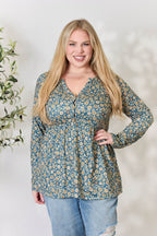 Heimish Full Size Floral Half Button Long Sleeve Blouse - Delanoir