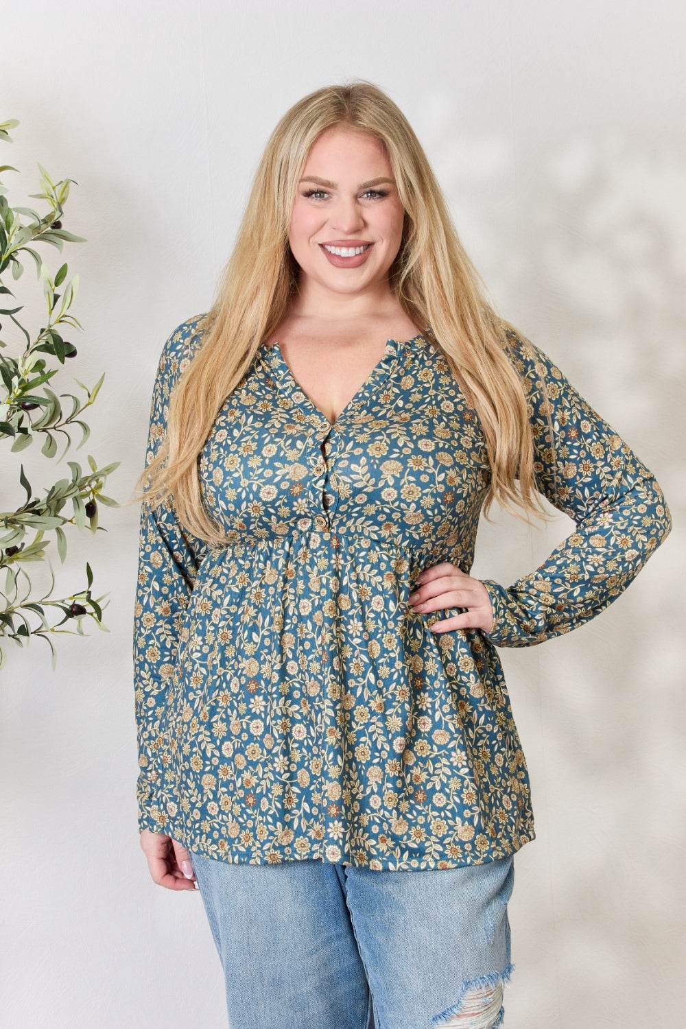 Heimish Full Size Floral Half Button Long Sleeve Blouse - Delanoir
