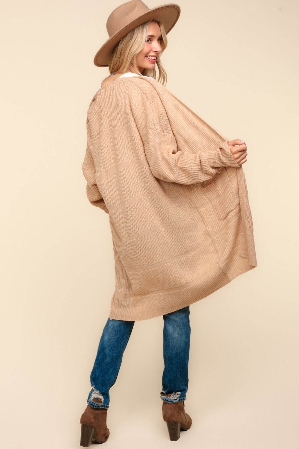 Haptics Stripe Textured Open Front Cardigan with Pockets - Delanoir