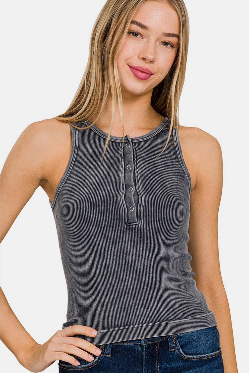 Zenana Washed Ribbed Half Snap Seamless Tank - Delanoir