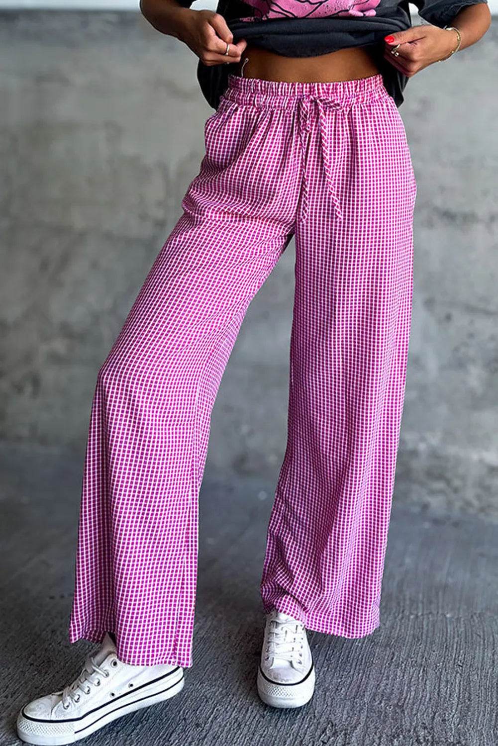 Plaid Wide Leg Pants with Pockets - Delanoir