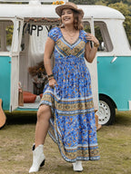 Plus Size Smocked Printed Cap Sleeve Dress - Delanoir
