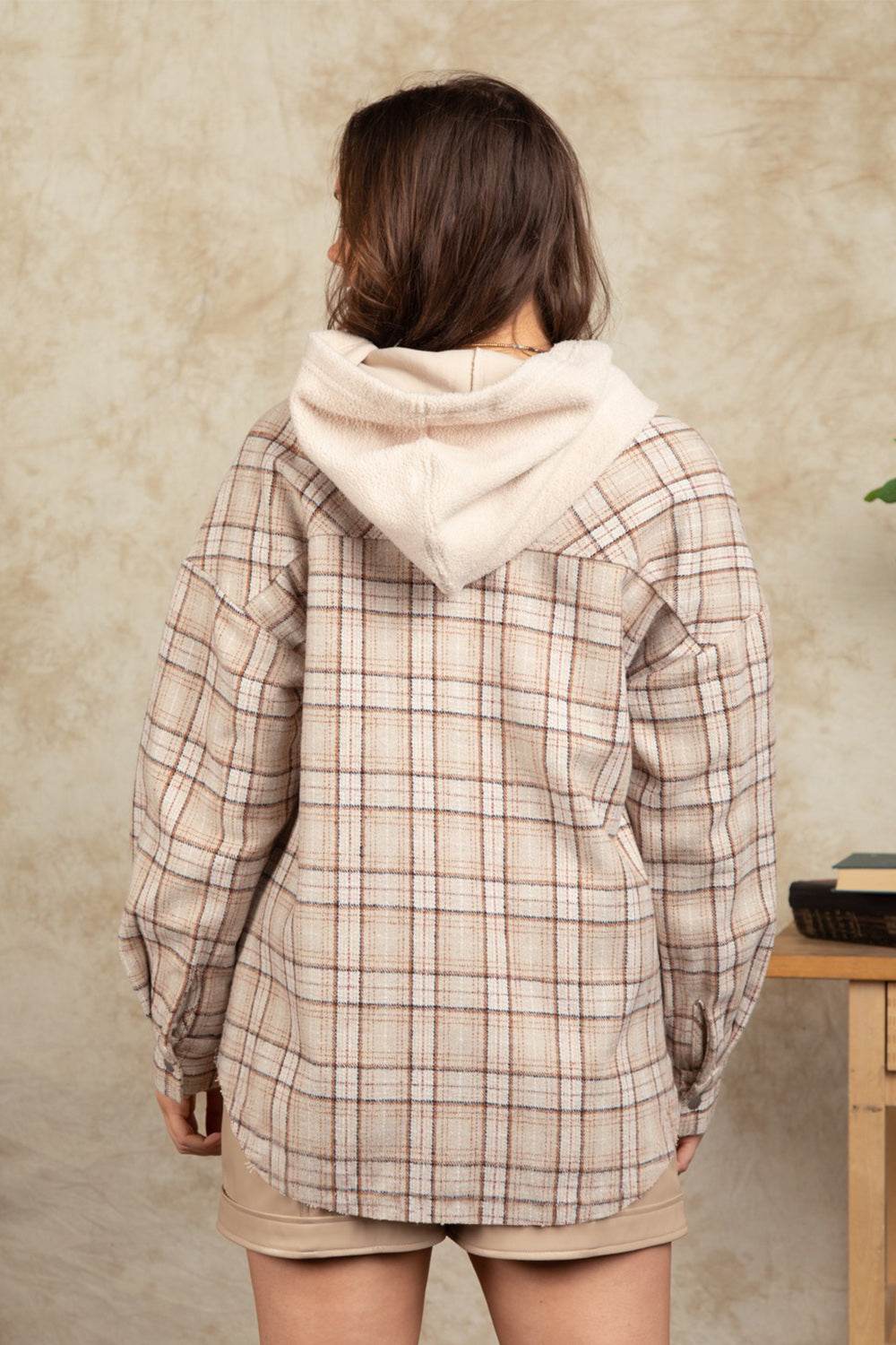 Drawstring Plaid Long Sleeve Hooded Jacket - Delanoir