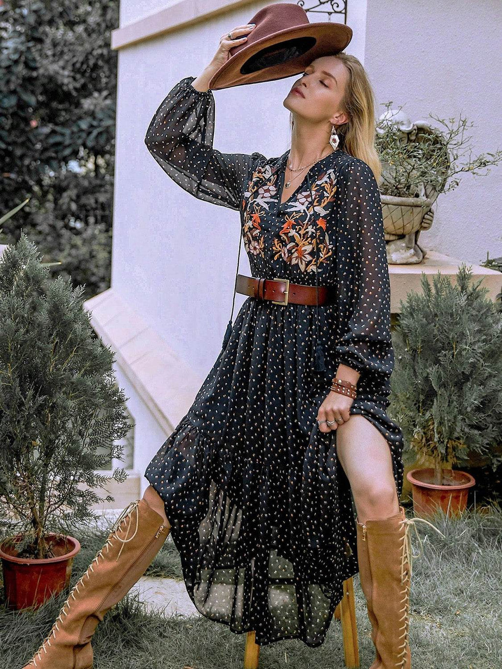 Embroidered Polka Dot Tie Neck Long Sleeve Midi Dress - Delanoir