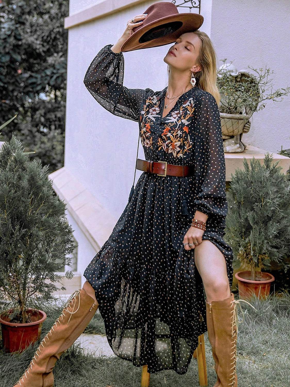 Embroidered Polka Dot Tie Neck Long Sleeve Midi Dress - Delanoir