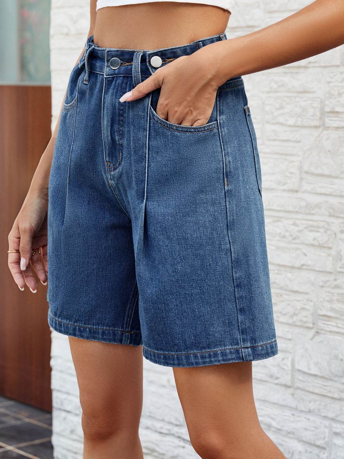 High Waist Denim Shorts with Pockets - Delanoir