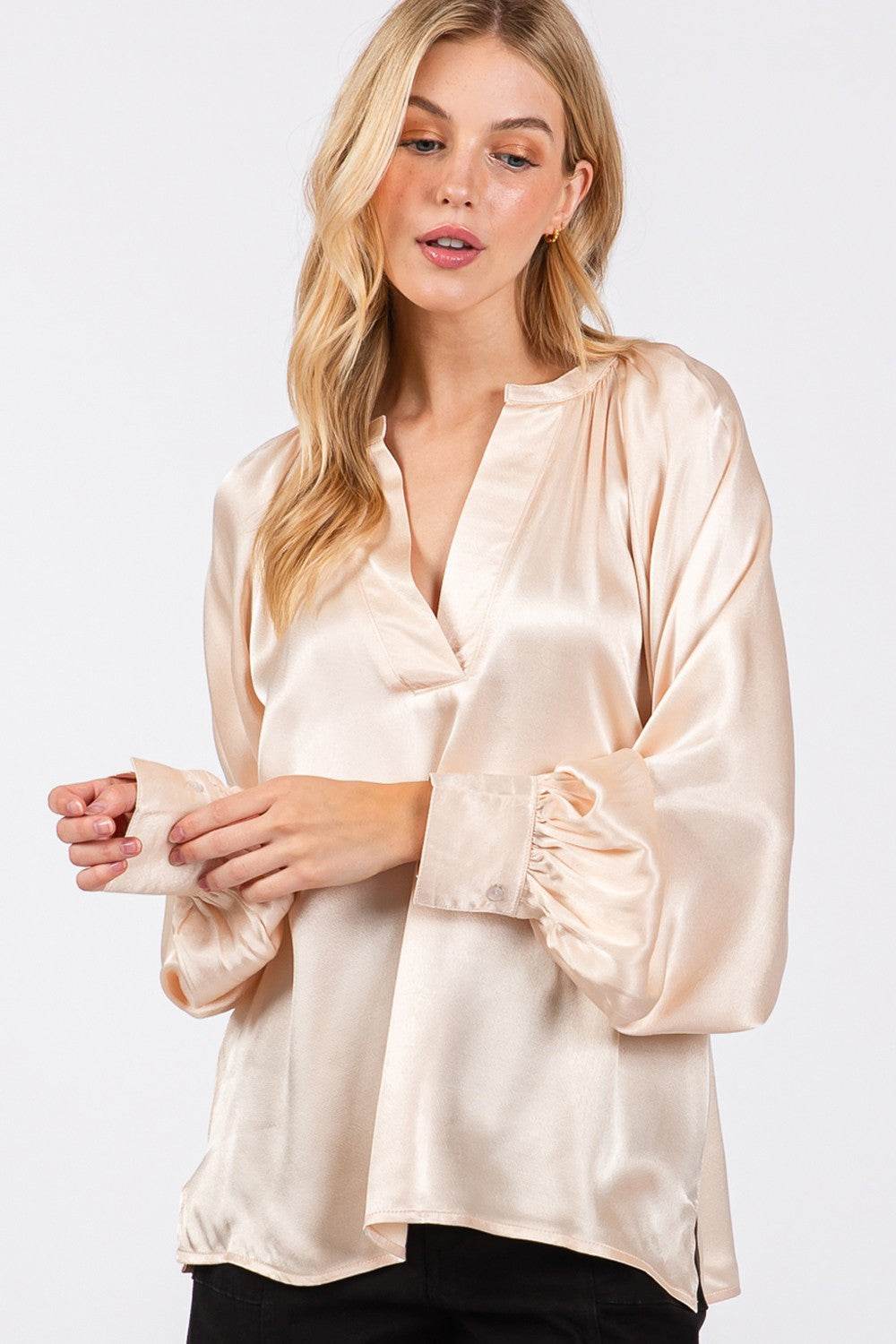 SAGE + FIG Notched Long Sleeve Blouse - Delanoir